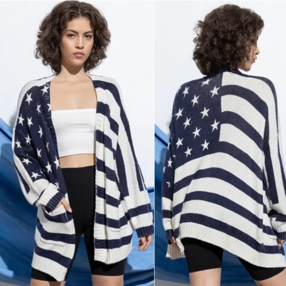 Patriotic Stars Stripes knit Fall Winter cardigan womens sweater cardigan - Picture 4 of 4